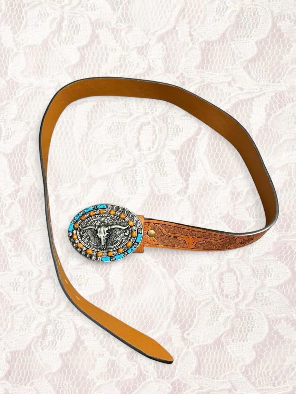 Western Turquoise Tooled Leather Belt with Statement Buckle
